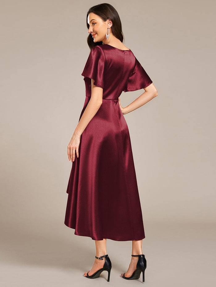Satin V-Neck Flutter Sleeve Midi Bridesmaid Dress with Pockets #color_Burgundy