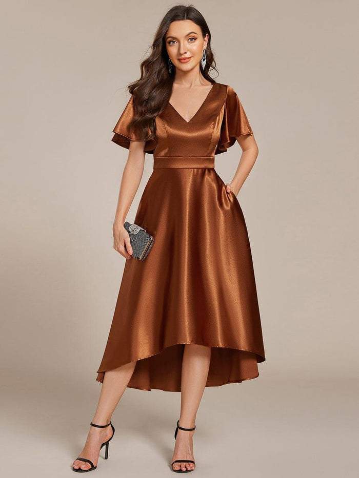 Satin V-Neck Flutter Sleeve Midi Bridesmaid Dress with Pockets #color_Copper