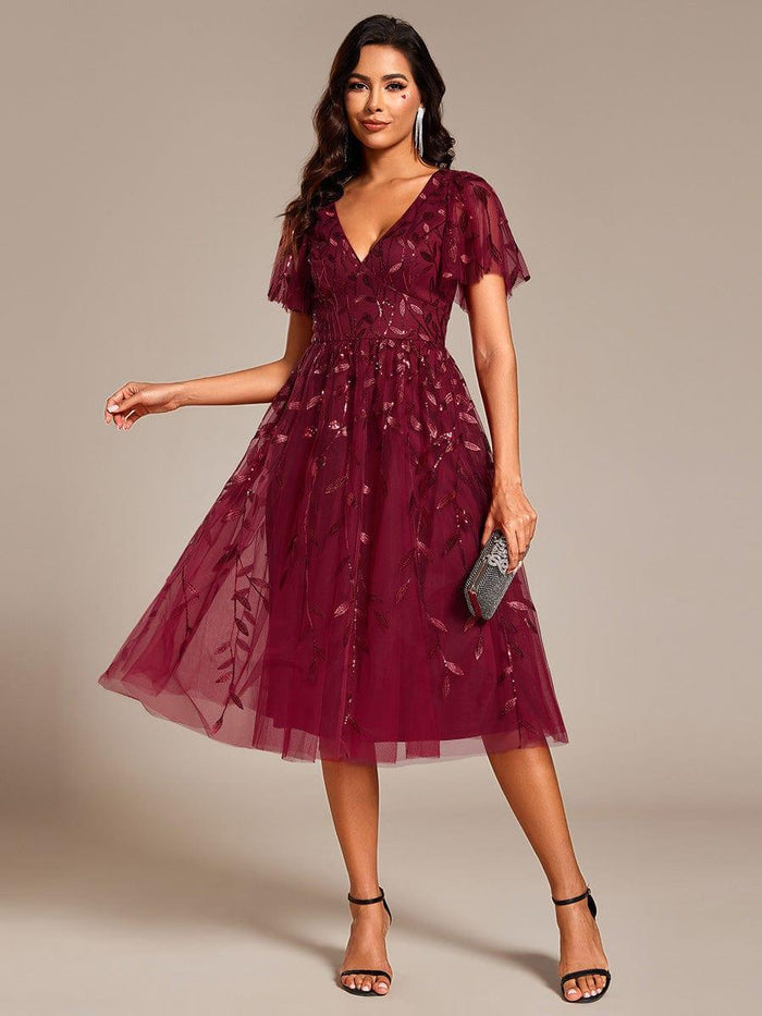 Leaf Sequin Cruise Journey Formal Dress #color_Burgundy