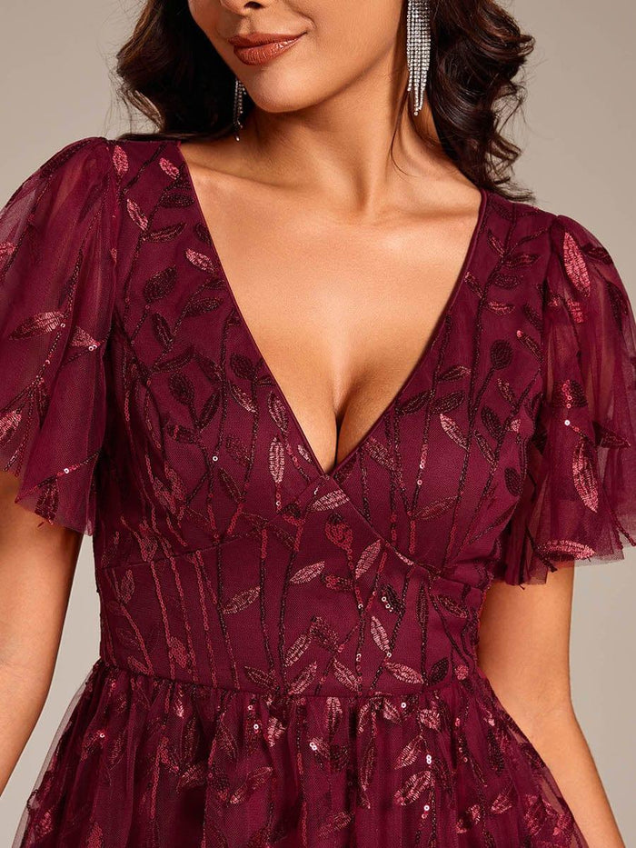 Leaf Sequin Cruise Journey Formal Dress #color_Burgundy