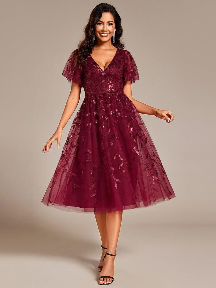 Leaf Sequin Cruise Journey Formal Dress #color_Burgundy