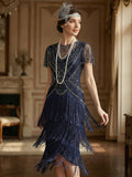 Beaded Sequin Ruffle Sleeve fringe flapper dress #color_Navy Blue