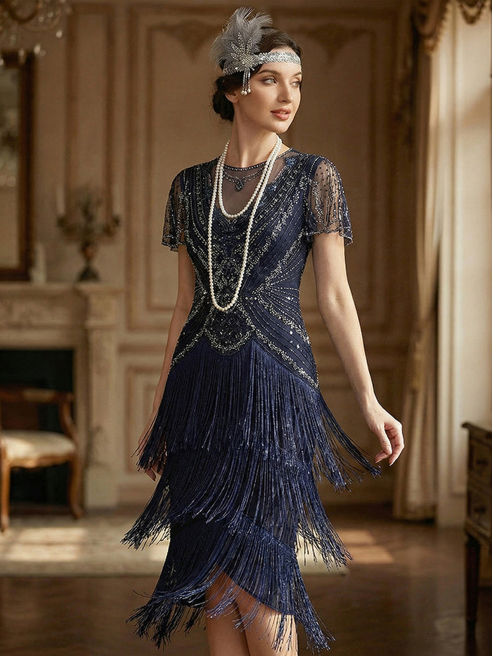 Beaded Sequin Ruffle Sleeve fringe flapper dress #color_Navy Blue
