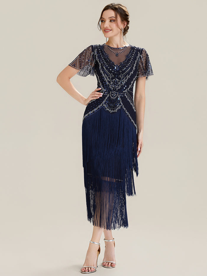 Beaded Sequin Ruffle Sleeve fringe flapper dress #color_Navy Blue