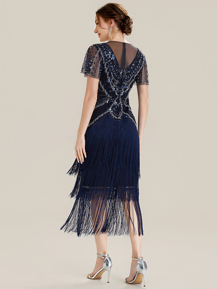 Beaded Sequin Ruffle Sleeve fringe flapper dress #color_Navy Blue