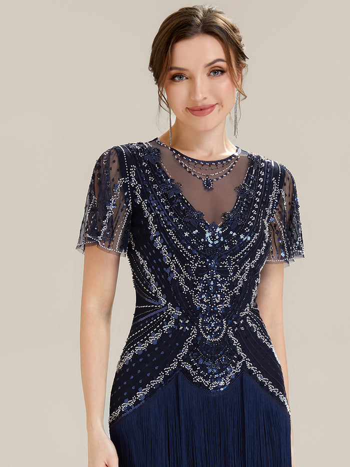 Beaded Sequin Ruffle Sleeve fringe flapper dress #color_Navy Blue