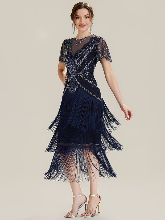 Beaded Sequin Ruffle Sleeve fringe flapper dress #color_Navy Blue