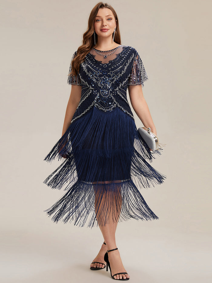 Beaded Sequin Ruffle Sleeve fringe flapper dress #color_Navy Blue