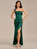 Satin One Shoulder Side Split Maxi Mermaid  Bridesmaid Dresses #color_Dark Green