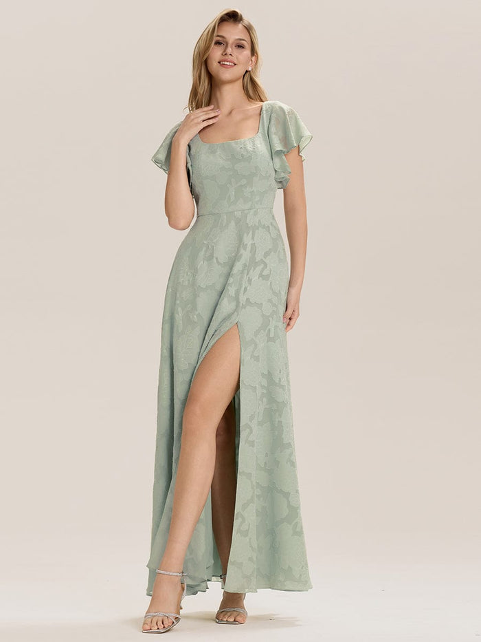 A-Line Chiffon Ruffle Sleeve Evening Dress #color_Mint Green