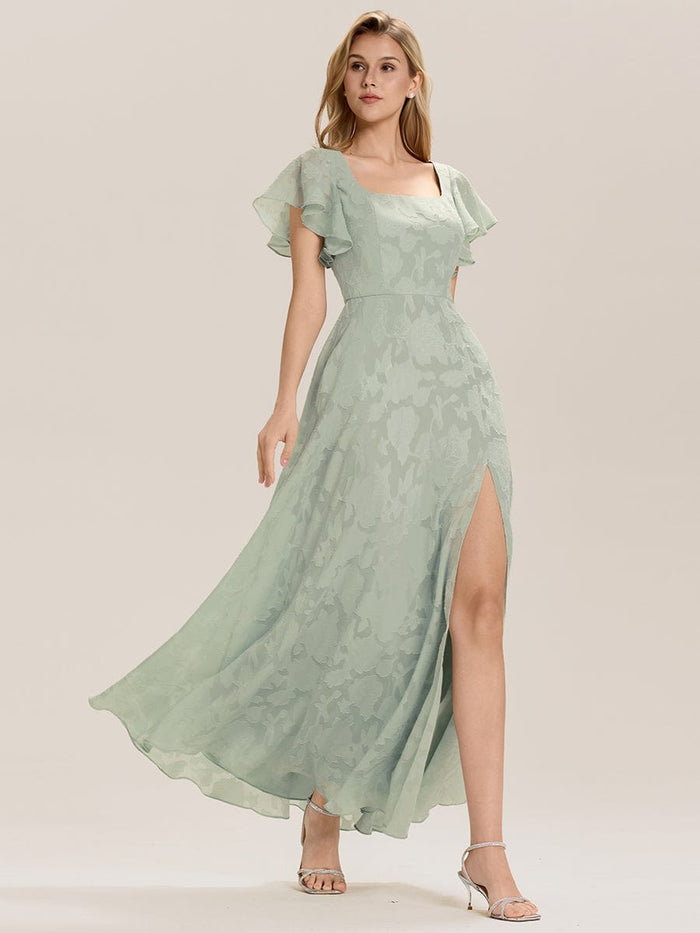 A-Line Chiffon Ruffle Sleeve Evening Dress #color_Mint Green