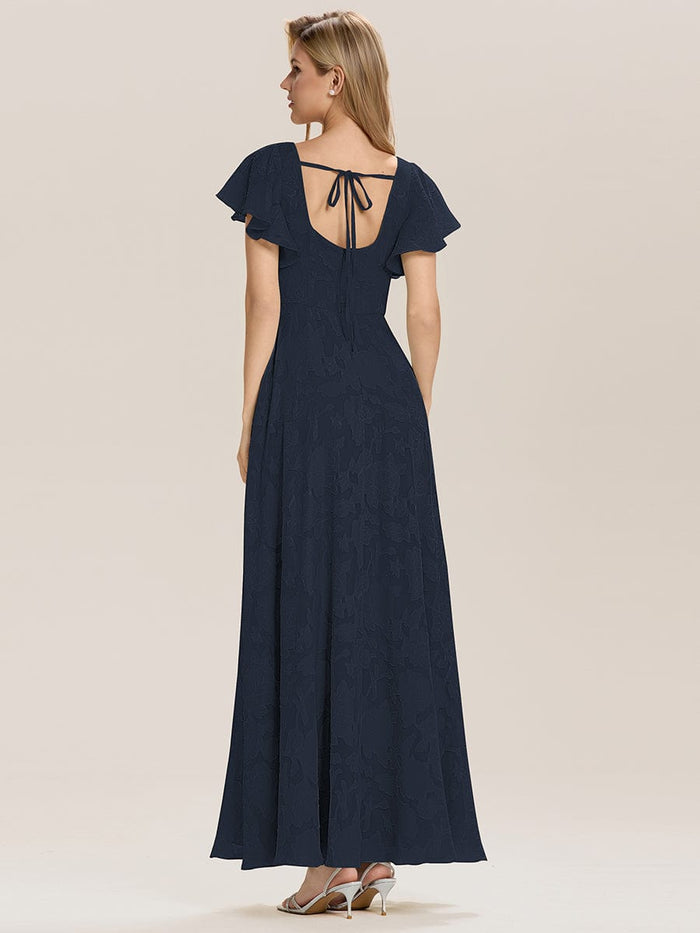 A-Line Chiffon Ruffle Sleeve Evening Dress #color_Navy Blue