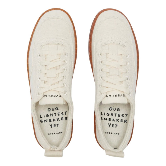 Everlane the Tread-Bare low-top sneaker in cream color, women's size 9, showing the casual canvas design and white rubber sole.