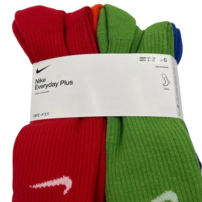 Multicolor Nike Everyday Plus Cushioned Crew Training Socks 6-Pack, unisex XL, shown in a close-up view highlighting the cushioned design.