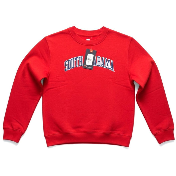 Red Fabletics South Alabama Jaguars fleece pullover sweatshirt for adults, small size, featuring team logo and comfortable fleece material.