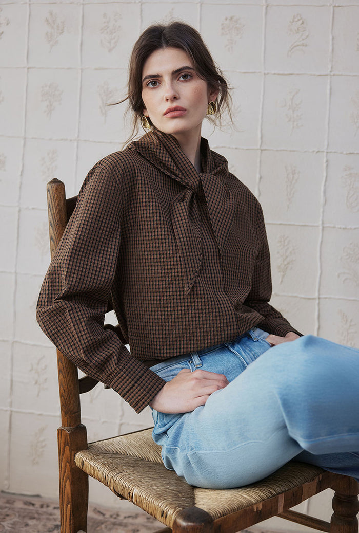 Petite Studio's Finn Cotton Scarf Shirt in Brown