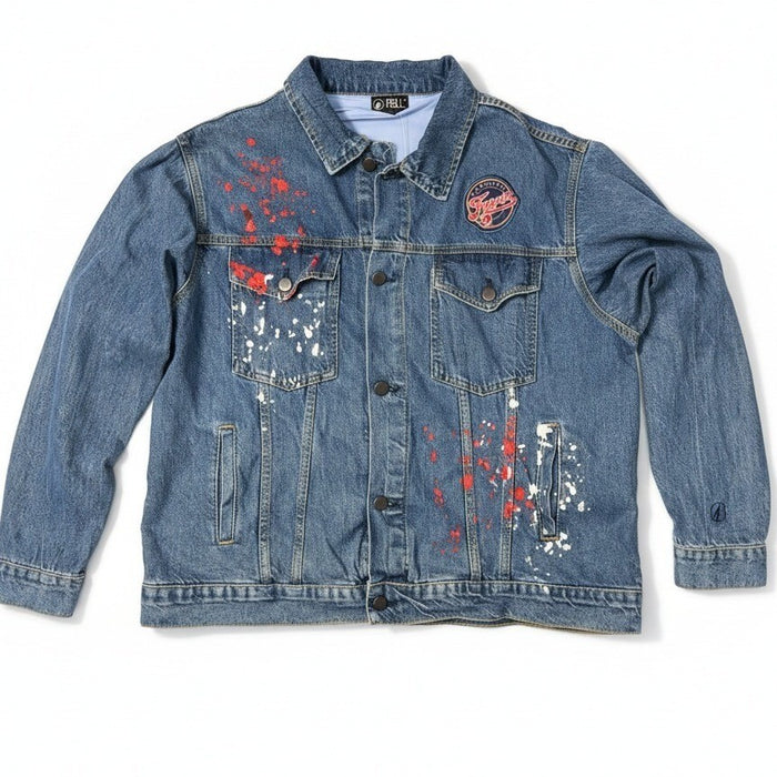 Fisll Indiana Fever custom denim trucker jacket featuring Caitlin Clark #22 WNBA, size XL, with detailed embroidery and denim texture.