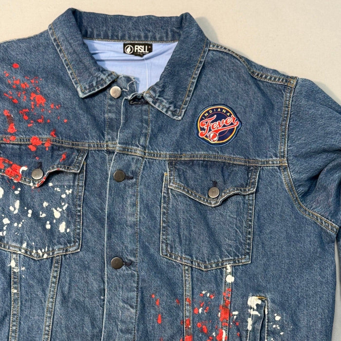 Fisll Indiana Fever custom denim trucker jacket featuring Caitlin Clark #22 WNBA, shown in size XL with detailed front view.