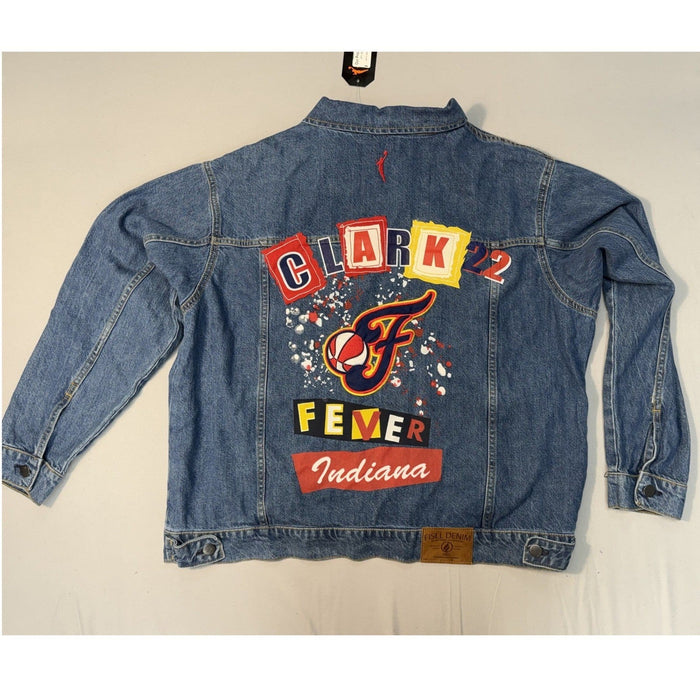 Fisll Indiana Fever custom denim trucker jacket featuring Caitlin Clark #22 WNBA logo in size XL, front view with embroidered details