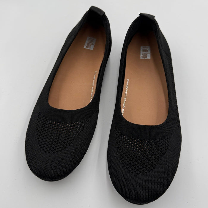 Women's FitFlop Allegro Knit Ballet Flats in navy, showcasing soft knit material and sleek slip-on design.