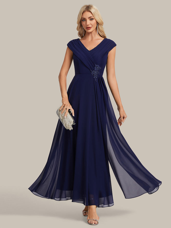 Flowing Ribbons Chiffon Cap Sleeve Mother of the Bride Dress #color_Navy Blue