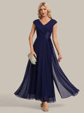 Flowing Ribbons Chiffon Cap Sleeve Mother of the Bride Dress #color_Navy Blue