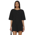 Black FP Movement Hot Shot Tee Romper women's jumpsuit, front view showing short sleeves and relaxed fit.