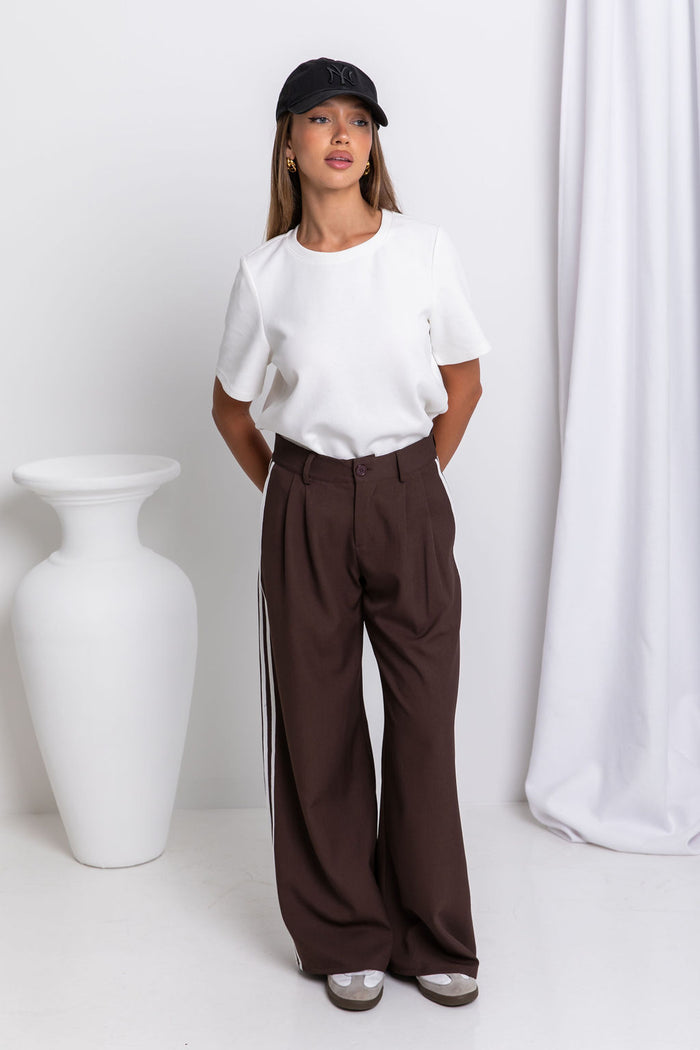 Frankie Wide-Leg Stripe Pants - Chocolate - The Self Styler