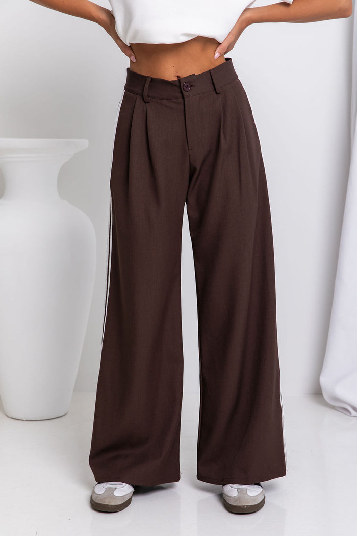 Frankie Wide-Leg Stripe Pants - Chocolate - The Self Styler