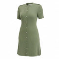 French Connection women's olive green mini sweater dress, casual sweatshirt style, showing the fitted neckline and long sleeves.