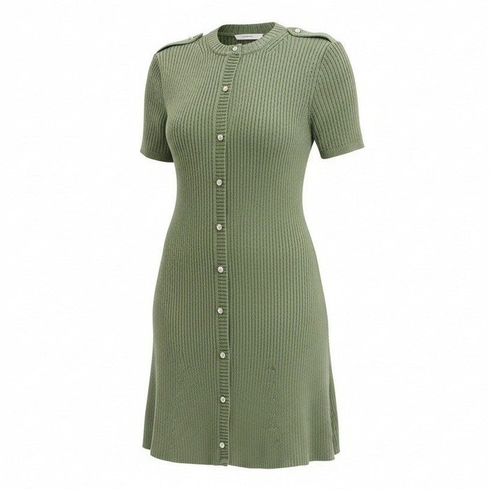 French Connection women's olive green mini sweater dress, casual sweatshirt style, showing the fitted neckline and long sleeves.