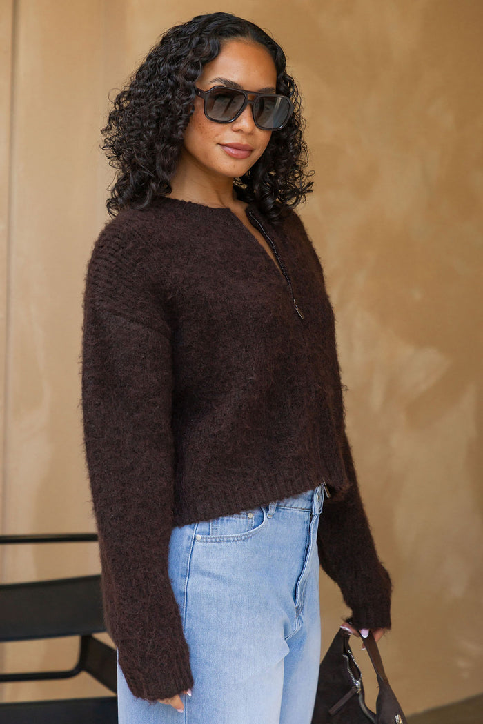 Freya Cardigan in chocolate brown, cropped fuzzy knit sweater with half-zip neckline styled with light wash denim jeans and a brown suede bag