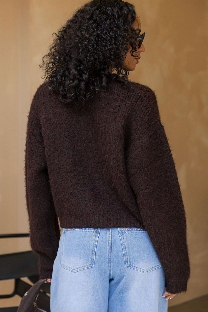Freya Cardigan in chocolate brown, cropped fuzzy knit sweater with half-zip neckline styled with light wash denim jeans and a brown suede bag