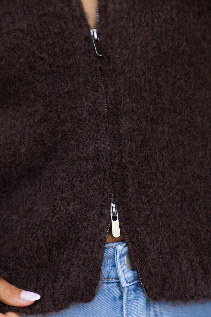 Freya Cardigan in chocolate brown, cropped fuzzy knit sweater with half-zip neckline styled with light wash denim jeans and a brown suede bag