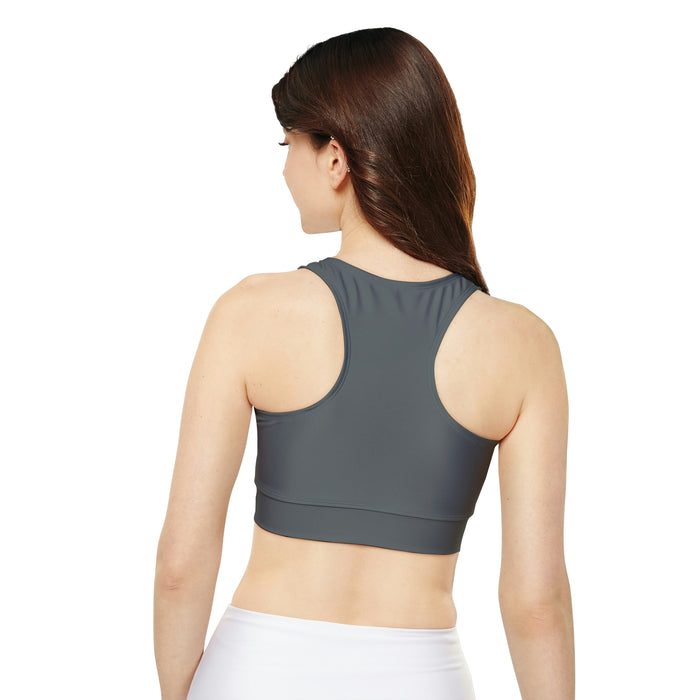 Fully Lined, Padded Sports Bra, Dark Grey, White Logo