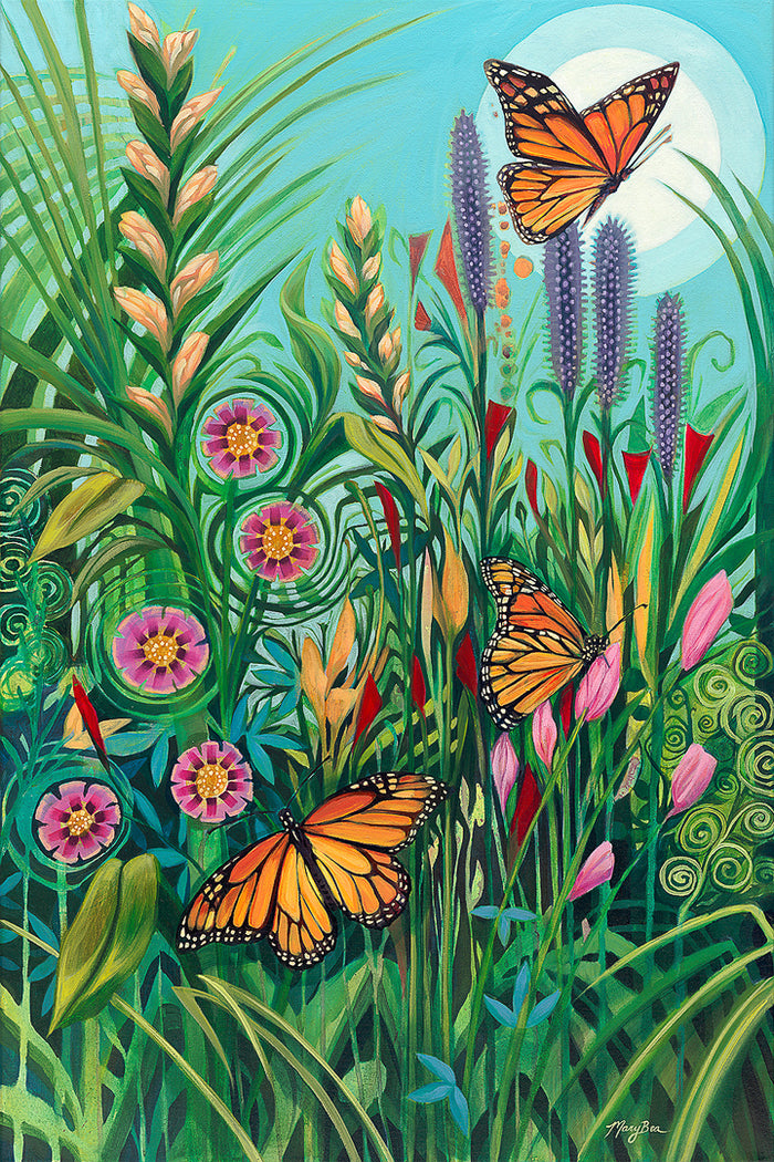 Garden Echoes Fine Art Print by Mary Bea McWatters.  Colorful illustration of Monarch butterflies and flowers in a garden setting