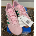 Adidas Gazelle J youth sneakers with pink and green upper and gum sole, size 4.5Y, new with tags.