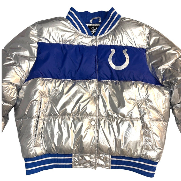Gh4her GH4Her Colts metallic silver puffer jacket for women, large size, showcasing shiny quilted design and cozy fit.