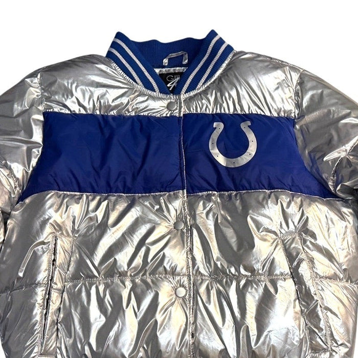 Women's metallic silver puffer jacket by GH4Her, size large, featuring a shiny, quilted design suitable for cold weather.