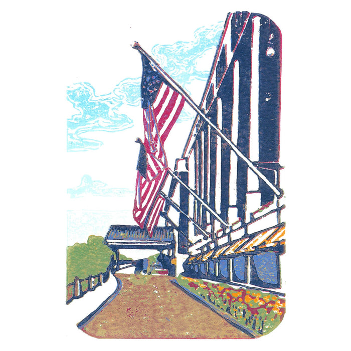 Mackinac Island art featuring American flags at the Grand Hotel by printmaker Natalia Wohletz of Peninsula Prints titled Grand Flags.