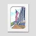 Mackinac Island art featuring American flags at the Grand Hotel by printmaker Natalia Wohletz of Peninsula Prints titled Grand Flags.