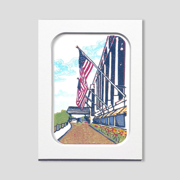 Mackinac Island art featuring American flags at the Grand Hotel by printmaker Natalia Wohletz of Peninsula Prints titled Grand Flags.