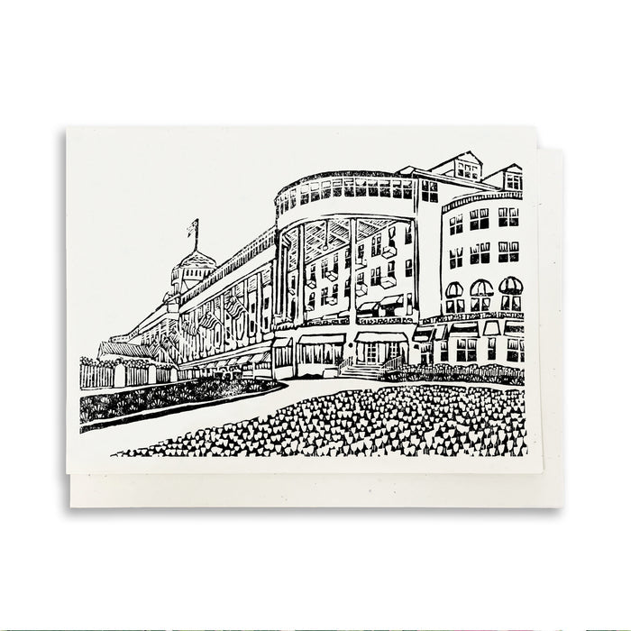 Grand Hotel #2. A casually elegant card featuring a digital reproduction of a block print design with the same title by Natalia Wohletz of Peninsula Prints, Milford and Mackinac Island, Michigan.