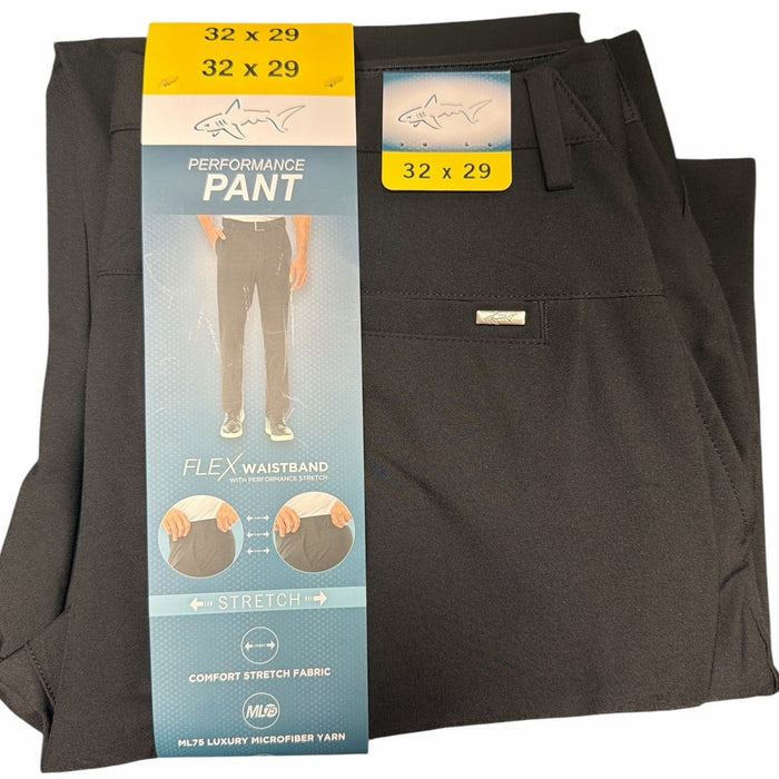 Greg Norman luxury microfiber 5-pocket black pants, size 32x29, shown flat with front and back views.