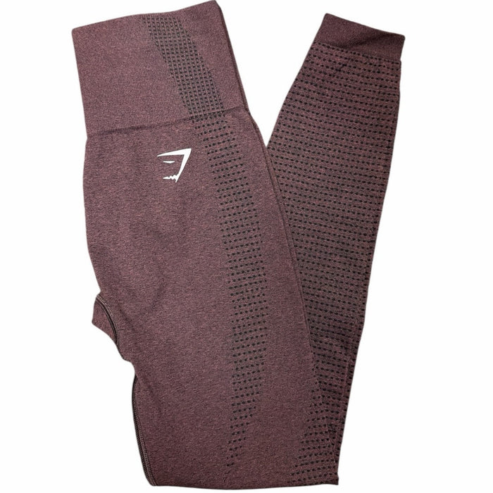 Maroon Gymshark Vital Rise leggings in small size, shown flat with a smooth, stretchy fabric and high-rise waistband.