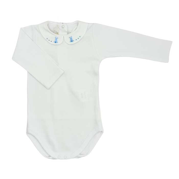 White baby bodysuit with a collar on a white background