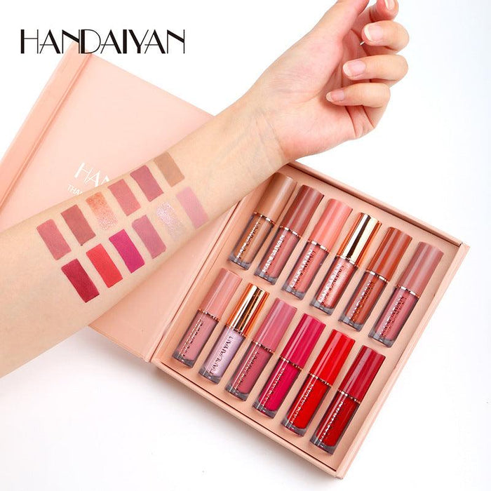 HANDAIYAN 12 Color Book Lip Gloss Set Liquid Lipstick Set Matte Pearlescent Non-Stick Cup Lip Glaze - MyStoreLiving