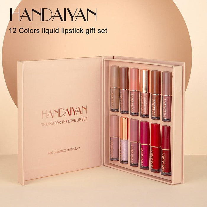 HANDAIYAN 12 Color Book Lip Gloss Set Liquid Lipstick Set Matte Pearlescent Non-Stick Cup Lip Glaze - MyStoreLiving