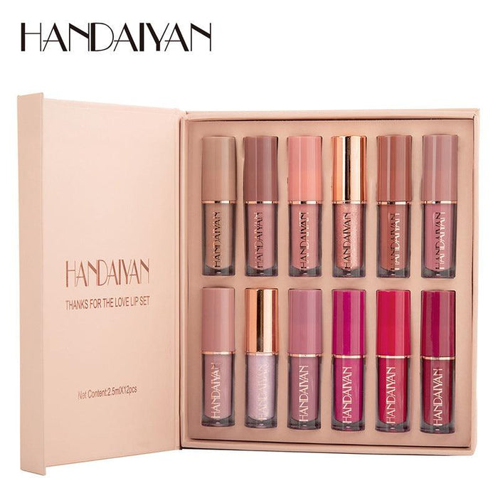 HANDAIYAN 12 Color Book Lip Gloss Set Liquid Lipstick Set Matte Pearlescent Non-Stick Cup Lip Glaze - MyStoreLiving