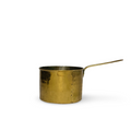 Antique brass pot with long handle, hammered metal finish